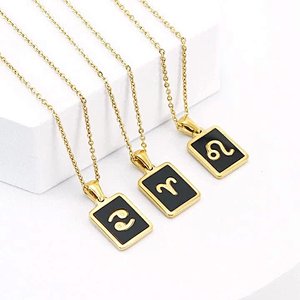 18K Gold Plated Stainless Steel Zodiac Rectangle Pendant Necklace