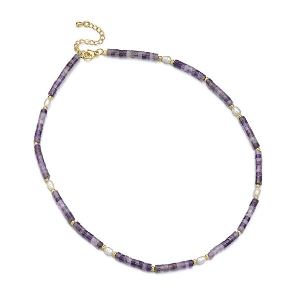 Amethyst Wheel Beads and Freshwater Rice Pearl Necklace, Brass Clasp