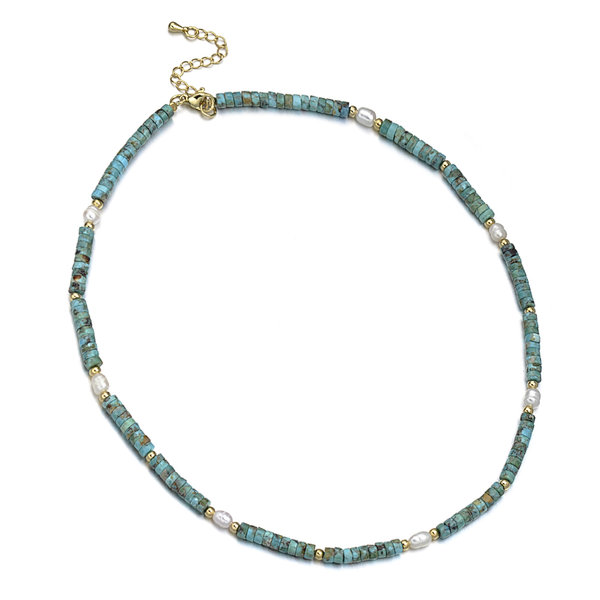 African Turquoise Wheel Beads and Freshwater Rice Pearl Necklace, Brass Clasp