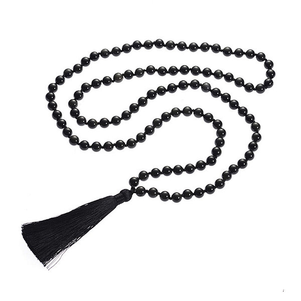 Black Obsidian Natural Gemstone Beads 8mm 108 Mala Beads Tassel Necklace