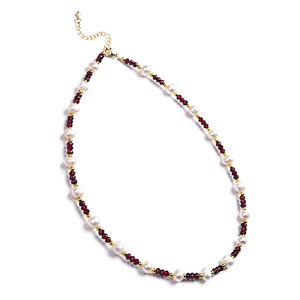 Garnet and Freshwater Pearl Beads Necklace, Brass Lobster Clasp with 2 Inches Chain