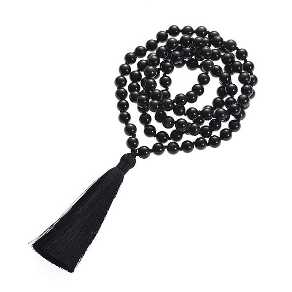 Black Obsidian Natural Gemstone Beads 8mm 108 Mala Beads Tassel Necklace