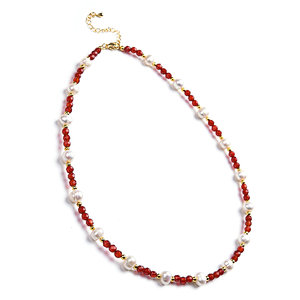 Carnelian and Freshwater Pearl Beads Necklace, Brass Lobster Clasp with 2 Inches Chain