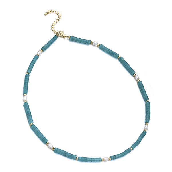 Dyed Jade Wheel Beads and Freshwater Rice Pearl Necklace, Brass Clasp