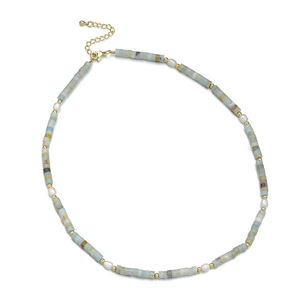 Multicolor Amazonite Wheel Beads and Freshwater Rice Pearl Necklace, Brass Clasp