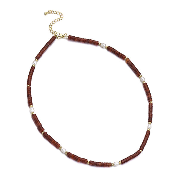 Carnelian Wheel Beads and Freshwater Rice Pearl Necklace, Brass Clasp