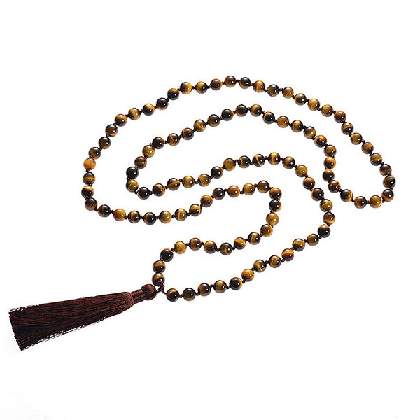 A Grade Brown Tiger Eye Natural Gemstone Beads 8mm 108 Mala Beads Tassel Necklace