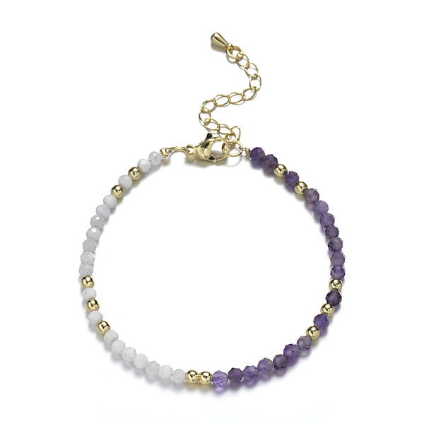 Amethyst and Moonstone Faceted Rounds Bracelet, Brass Clasp with Tail Chain