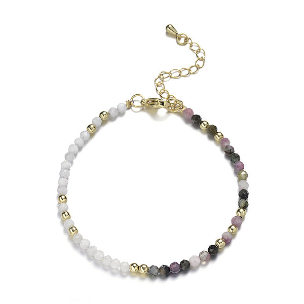 Tourmaline and Moonstone Faceted Rounds Bracelet, Brass Clasp with Tail Chain