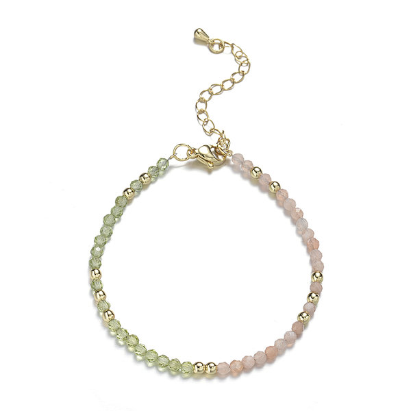 Sunstone and Peridot Faceted Rounds Bracelet, Brass Clasp with Tail Chain