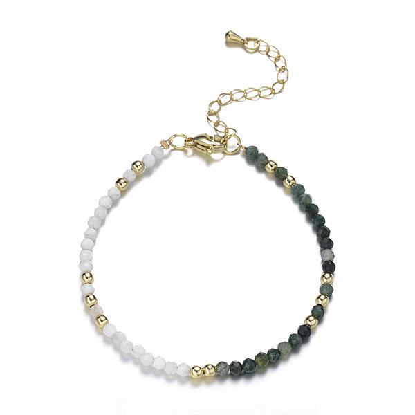 Moss Agate and Moonstone Faceted Rounds Bracelet, Brass Clasp with Tail Chain