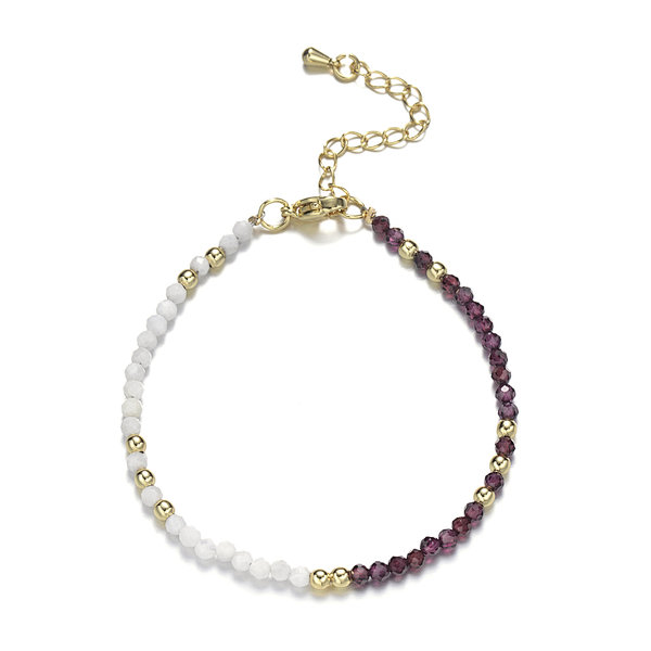 Purple Garnet and Moonstone Faceted Rounds Bracelet, Brass Clasp with Tail Chain