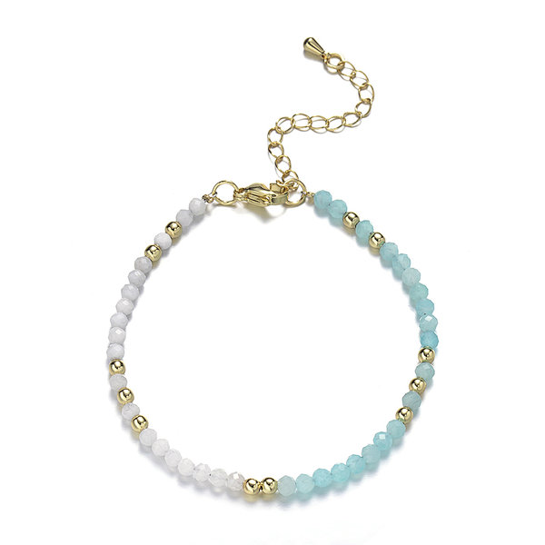 Amazonite and Moonstone Faceted Rounds Bracelet, Brass Clasp with Tail Chain