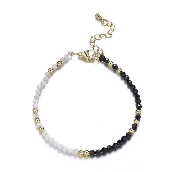 Black Spinel and Moonstone Faceted Rounds Bracelet, Brass Clasp with Tail Chain