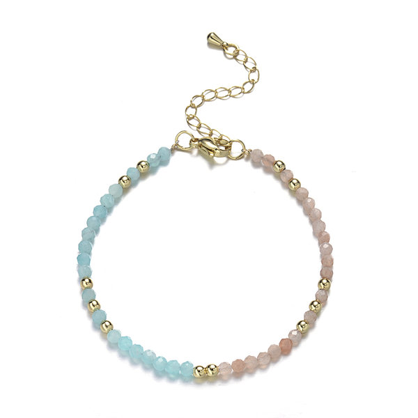 Sunstone and Amazonite Faceted Rounds Bracelet, Brass Clasp with Tail Chain