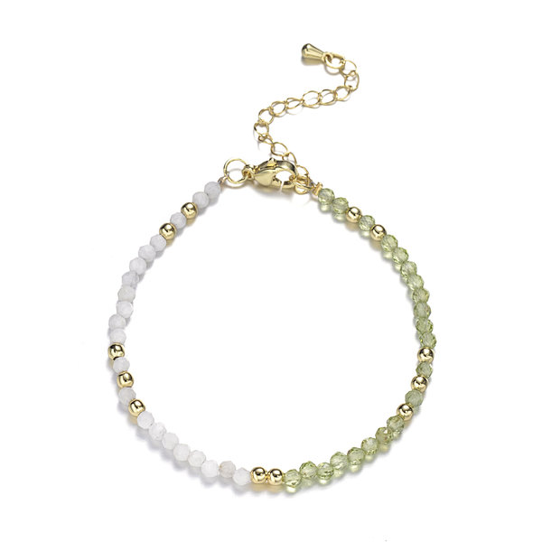 Peridot and Moonstone Faceted Rounds Bracelet, Brass Clasp with Tail Chain