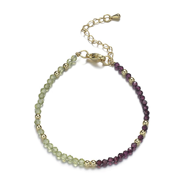 Purple Garnet and Peridot Faceted Rounds Bracelet, Brass Clasp with Tail Chain