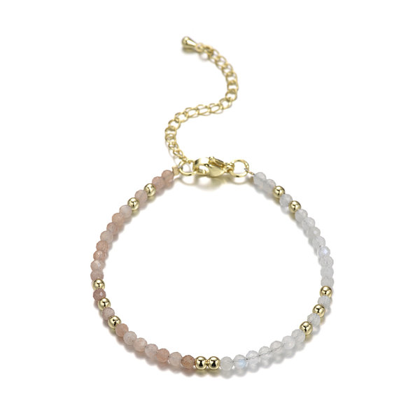 Sunstone and Moonstone Faceted Rounds Bracelet, Brass Clasp with Tail Chain