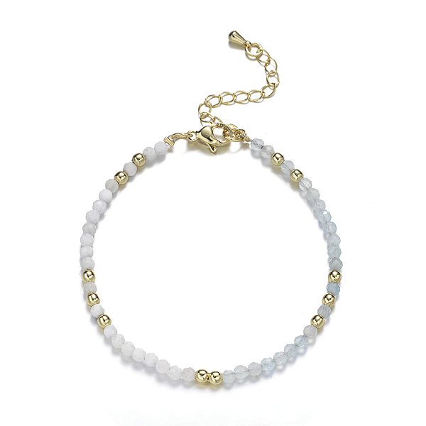 Aquamarine and Moonstone Faceted Rounds Bracelet, Brass Clasp with Tail Chain