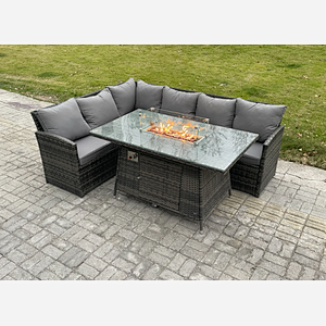 Fimous Rattan Garden Furniture High Back Corner Sofa Gas Fire Pit Dining Table Sets Gas Heater 6 Seater Dark Grey Mixed