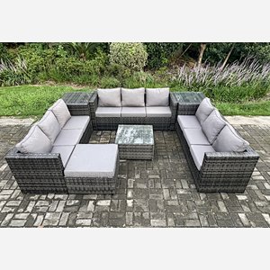 Fimous Outdoor Rattan Garden Furniture Set 10 Seater Patio Lounge Sofa Set with 2 Side Tables Square Coffee Table Big Footstool Dark Grey Mixed