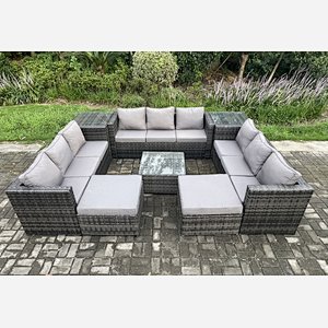 Fimous Outdoor Rattan Garden Furniture Set Patio Lounge Sofa Set with 2 Side Tables Square Coffee Table 2 Big Footstool Dark Grey Mixed