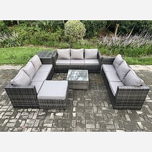 Fimous Outdoor Rattan Garden Furniture Set 10 Seater Patio Lounge Sofa Set with Side Table Square Coffee Table Big Footstool Dark Grey Mixed