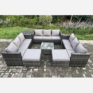 Fimous Outdoor Rattan Garden Furniture Set 11 Seater Patio Lounge Sofa Set with Side Table Square Coffee Table 2 Big Footstool Dark Grey Mixed