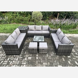 Fimous 11 Seater Outdoor Rattan Garden Furniture Set Patio Lounge Sofa Set with Side Table Square Coffee Table 2 Small Footstool Dark Grey Mixed