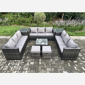 Fimous 11 Seater Outdoor Rattan Garden Furniture Set Patio Lounge Sofa Set with 2 Side Tables Square Coffee Table 2 Small Footstool Dark Grey Mixed