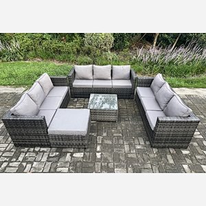 Fimous Outdoor Rattan Garden Furniture Set 10 Seater Patio Lounge Sofa Set with Square Coffee Table Big Footstool Dark Grey Mixed