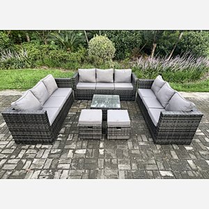 Fimous Outdoor Rattan Garden Furniture Set 11 Seater Patio Lounge Sofa Set with Square Coffee Table 2 Small Footstool Dark Grey Mixed