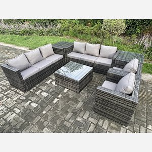 Fimous 8 Seater Rattan Garden Furniture Sofa Set with 2 Armchairs Square Coffee Table 2 Side Tables Indoor Side Table Outdoor Rattan Set Dark Grey Mixed
