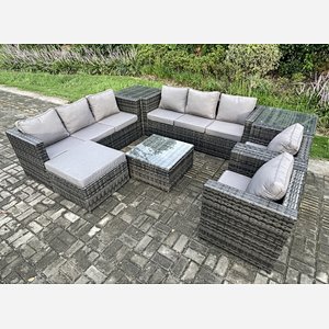 Fimous Rattan Garden Furniture Sofa Set with 2 Armchairs Square Coffee Table Side Table Big Footstool Indoor Side Table 9 Seater Outdoor Rattan Set Dark Grey Mixed