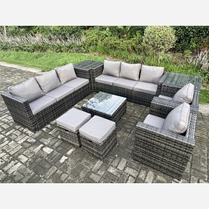 Fimous Outdoor Rattan Garden Furniture Set 10 Seater Patio Lounge Sofa Set with 2 Armchairs Square Coffee Table 2 Side Tables 2 Small Footstool Dark Grey Mixed