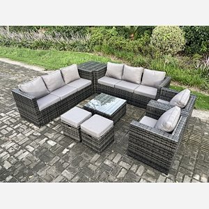 Fimous Rattan Garden Furniture Sofa Set with 2 Armchairs Square Coffee Table Side Table 2 Small Footstools Indoor Side Table 10 Seater Outdoor Rattan Set Dark Grey Mixed