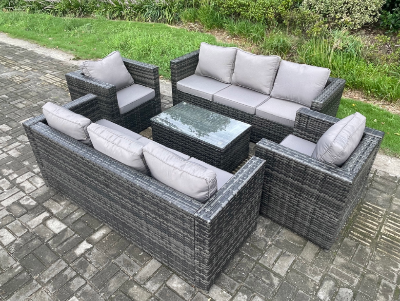 Fimous Wicker PE Rattan Sofa Set Outdoor Patio Garden Furniture with 2 Armchairs Oblong Coffee Table Dark Grey Mixed