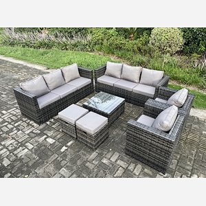 Fimous 10 Seater Rattan Garden Furniture Sofa Set with 2 Armchairs Square Coffee Table 2 Small Footstools Indoor Side Table Outdoor Rattan Set Dark Grey Mixed