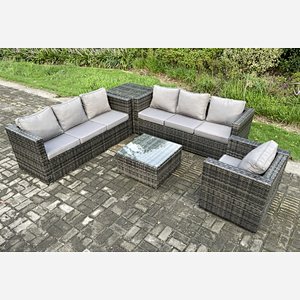 Fimous Rattan Garden Furniture Sofa Set with Armchair Square Coffee Table Side Table Indoor Outdoor 7 Seater Rattan Set Dark Grey Mixed