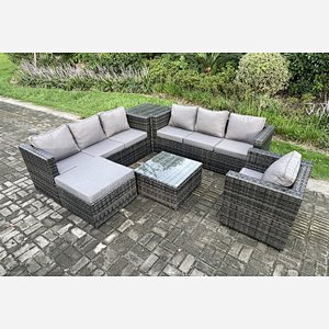 Fimous Rattan Garden Furniture Sofa Set with Armchair Side Table Square Coffee Table Big Footstool Indoor Side Table Outdoor 8 Seater Rattan Set Dark Grey Mixed
