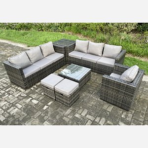 Fimous 9 Seater Rattan Garden Furniture Sofa Set with Armchair Side Table Square Coffee Table 2 Small Footstools Indoor Side Table Outdoor Rattan Set Dark Grey Mixed