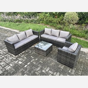 Fimous Rattan Garden Furniture Sofa Set with Armchair Square Coffee Table Indoor Outdoor 7 Seater Rattan Set Dark Grey Mixed