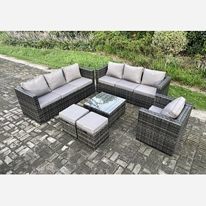 Fimous Rattan Garden Furniture Sofa Set with Armchair Square Coffee Table 2 Small Footstools Indoor Side Table Outdoor 9 Seater Rattan Set Dark Grey Mixed