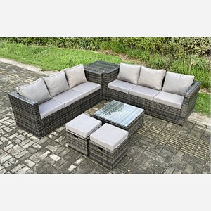 Fimous 8 Seater Rattan Garden Furniture Sofa Set with Side Table Square Coffee Table 2 Small Footstool Indoor Outdoor Rattan Set Dark Grey Mixed
