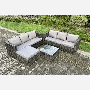 Fimous Wicker Rattan Garden Furniture Sofa Set with Square Coffee Table Big Footstool 7 Seater Outdoor Rattan Set Dark Grey Mixed