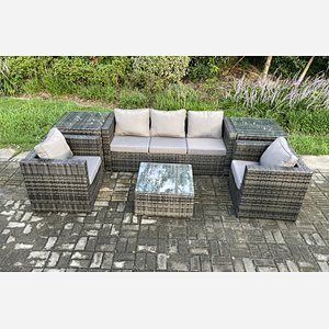 Fimous Wicker 6 Pieces Rattan Garden Furniture Sofa Set with Armchair 2 Side Tables Square Coffee Table Dark Grey Mixed