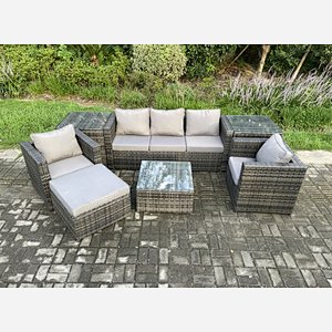 Fimous Wicker 7 Pieces Rattan Garden Furniture Sofa Set with Armchair 2 Side Tables Square Coffee Table Big Footstool Dark Grey Mixed