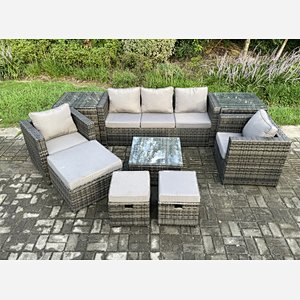 Fimous Wicker Rattan Garden Furniture Sofa Set with 2 Side Tables Armchair Square Coffee Table 3 Footstools 8 Seater Outdoor Rattan Set Dark Grey Mixed