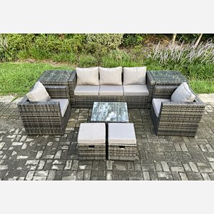 Fimous Wicker 8 Pieces Rattan Garden Furniture Sofa Set with Armchair 2 Side Tables Square Coffee Table 2 Small Footstools Dark Grey Mixed