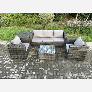 Fimous Outdoor Lounge Sofa Set Wicker PE Rattan Garden Furniture Set with 2 Armchairs Side Table Square Coffee Table Dark Grey Mixed